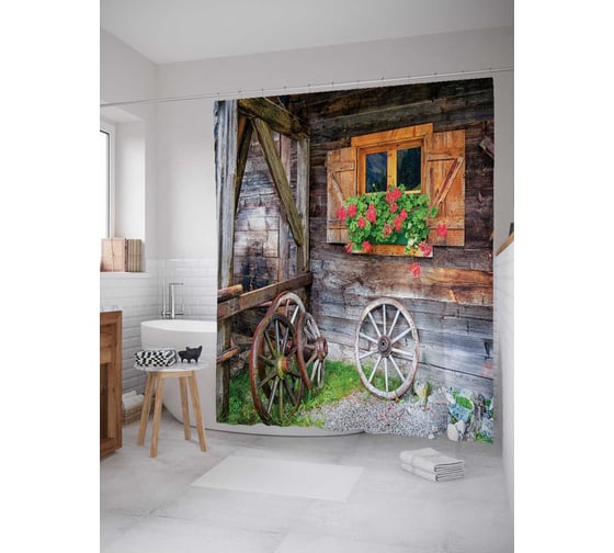 Изображение товара Штора (занавеска) для ванной JoyArty "Колеса во дворе" из сатена, 180х200 см с крючками, sc_16666