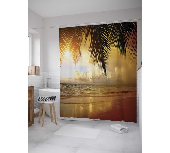 Изображение товара Штора (занавеска) для ванной JoyArty "Рассвет на пляже у пальмы" из сатена, 180х200 см с крючками, sc_10050