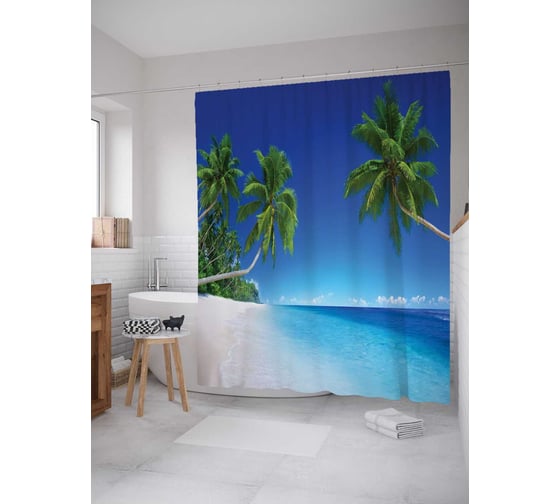 Изображение товара Штора (занавеска) для ванной JoyArty "Доброжелательные пальмы" из сатена, 180х200 см с крючками, sc_12481