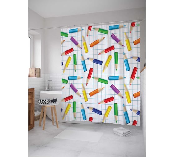 Изображение товара Штора (занавеска) для ванной JoyArty "Цветные карандаши" из сатена, 180х200 см с крючками, sc_29116