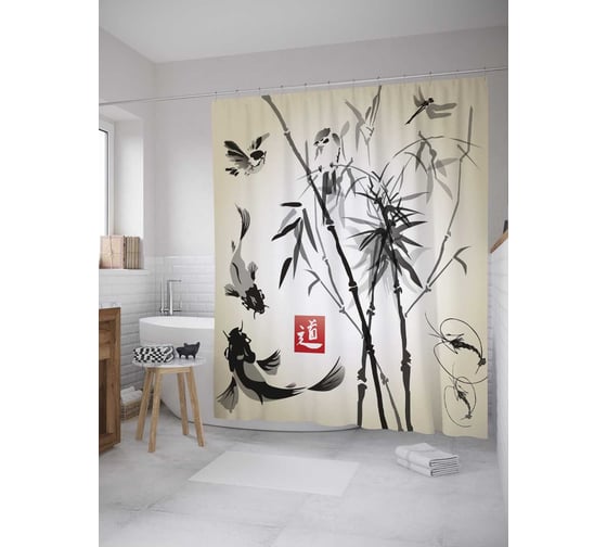 Изображение товара Штора (занавеска) для ванной JoyArty "Рыбы в японском стиле" из сатена, 180х200 см с крючками, sc_10025