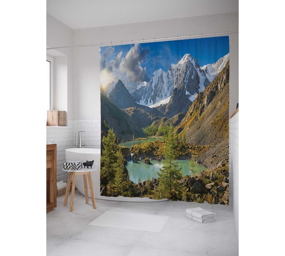 Изображение товара Штора (занавеска) для ванной JoyArty "Дымные горы за лесом" из сатена, 180х200 см с крючками, sc_15205