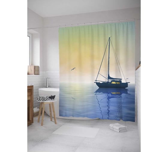 Изображение товара Штора (занавеска) для ванной JoyArty "Одинокий парусник" из сатена, 180х200 см с крючками, sc_28140