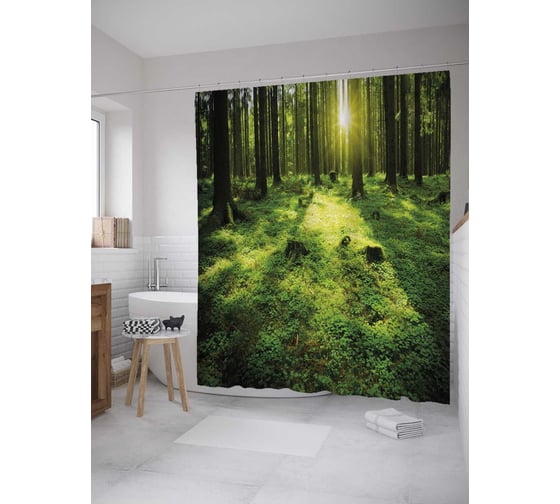 Изображение товара Штора (занавеска) для ванной JoyArty "Сочный лес" из сатена, 180х200 см с крючками, sc_27959