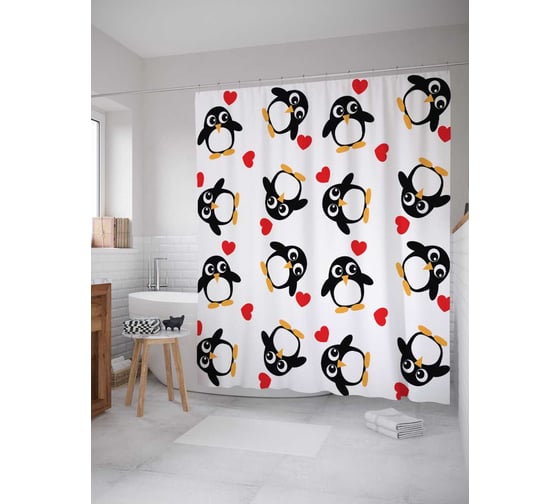 Изображение товара Штора (занавеска) для ванной JoyArty "Влюбленные пингвины" из сатена, 180х200 см с крючками, sc_11863