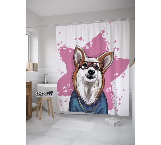 Изображение товара Штора (занавеска) для ванной JoyArty "Стильный корги" из сатена, 180х200 см sc_385294
