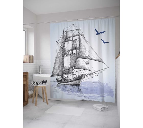Изображение товара Штора (занавеска) для ванной JoyArty "Чайки над парусником" из сатена, 180х200 см с крючками, sc_28120