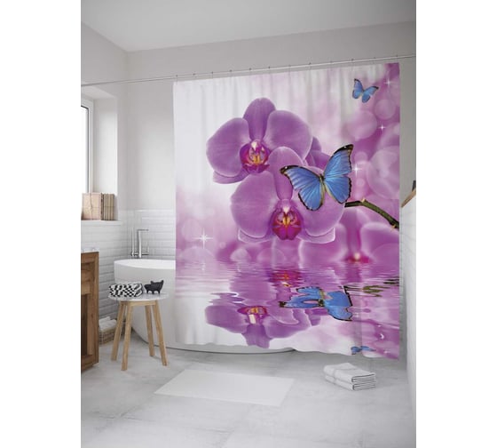 Изображение товара Штора (занавеска) для ванной JoyArty "Бабочка на орхидее" из сатена, 180х200 см с крючками, sc_11023