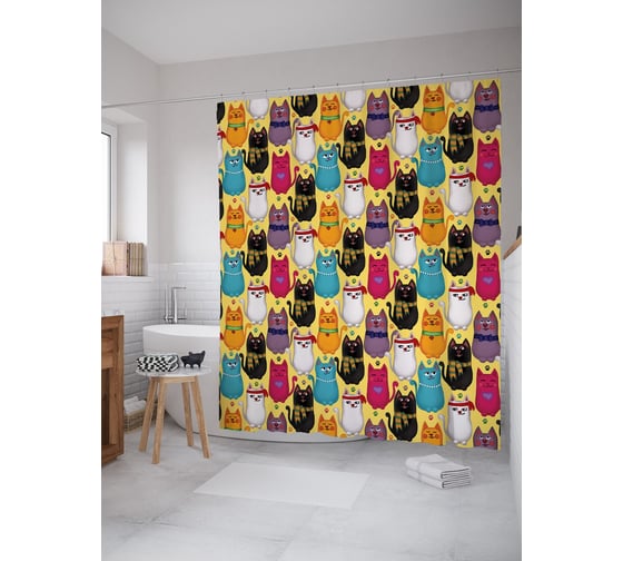 Изображение товара Штора (занавеска) для ванной JoyArty "Стильные котики" из сатена, 180х200 см sc_378649