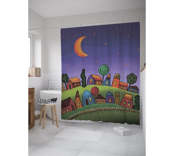 Изображение товара Штора (занавеска) для ванной JoyArty "Милый городок" из сатена, 180х200 см sc_385276