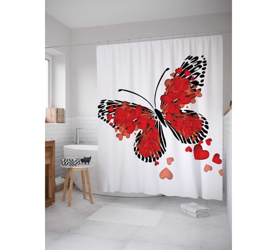 Изображение товара Штора (занавеска) для ванной JoyArty "Бабочка любви" из сатена, 180х200 см с крючками, sc_2710
