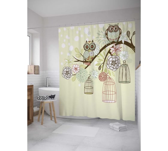 Изображение товара Штора (занавеска) для ванной JoyArty "Испуганные совы" из сатена, 180х200 см с крючками, sc_10825