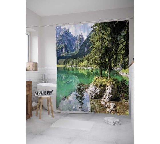 Изображение товара Штора (занавеска) для ванной JoyArty "Горная тишина" из сатена, 180х200 см с крючками, sc_10285