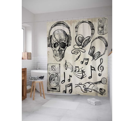 Изображение товара Штора (занавеска) для ванной JoyArty "Череп-меломан" из сатена, 180х200 см с крючками, sc_16471