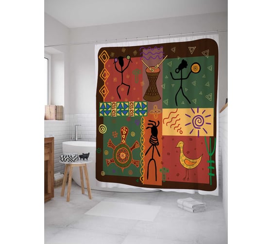 Изображение товара Штора (занавеска) для ванной JoyArty "Африканская история" из сатена, 180х200 см с крючками, sc_16835