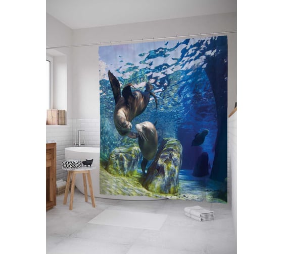 Изображение товара Штора (занавеска) для ванной JoyArty "Морские котики веселятся" из сатена, 180х200 см с крючками, sc_17280