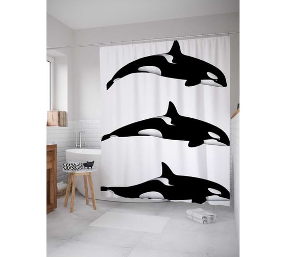 Изображение товара Штора (занавеска) для ванной JoyArty "В окружении касаток" из сатена, 180х200 см с крючками, sc_11851