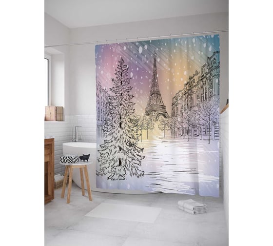 Изображение товара Штора (занавеска) для ванной JoyArty "Снежный париж" из сатена, 180х200 см с крючками, sc_18891