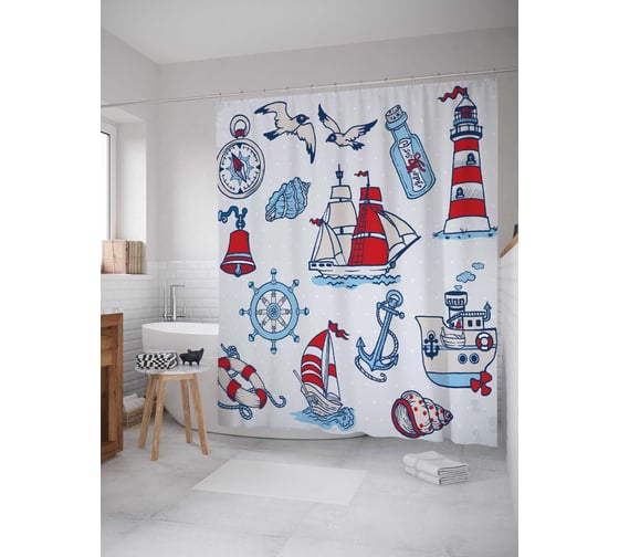 Изображение товара Штора (занавеска) для ванной JoyArty "Морской рассказ" из сатена, 180х200 см с крючками, sc_16722