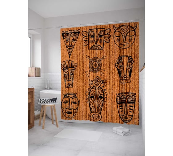 Изображение товара Штора (занавеска) для ванной JoyArty "Африканские маски" из сатена, 180х200 см с крючками, sc_17555