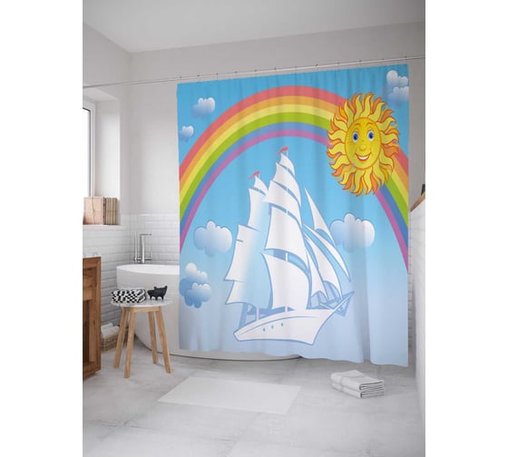 Изображение товара Штора (занавеска) для ванной JoyArty "Радужный корабль" из сатена, 180х200 см с крючками, sc_17812