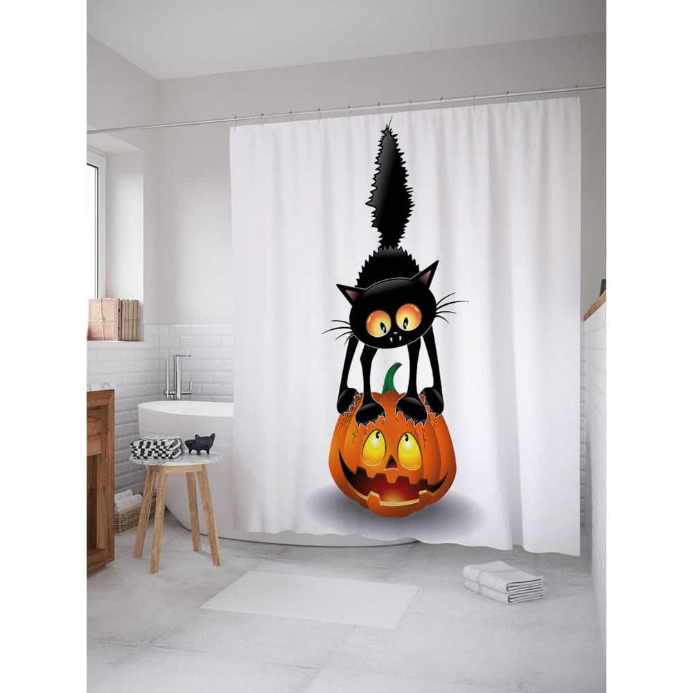 Изображение товара Штора (занавеска) для ванной JoyArty "Кот на тыкве" из сатена, 180х200 см с крючками, sc_18809