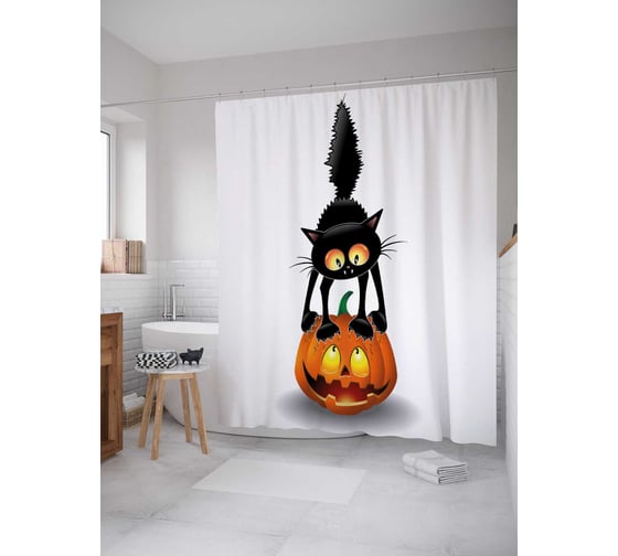 Изображение товара Штора (занавеска) для ванной JoyArty "Кот на тыкве" из сатена, 180х200 см с крючками, sc_18809