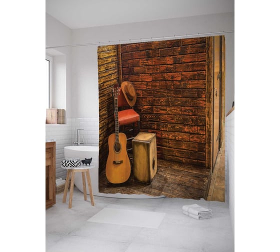 Изображение товара Штора (занавеска) для ванной JoyArty "Уголок уличного музыканта" из сатена, 180х200 см с крючками, sc_12705