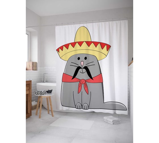 Изображение товара Штора (занавеска) для ванной JoyArty "Кот в сомбреро" из сатена, 180х200 см с крючками, sc_15554