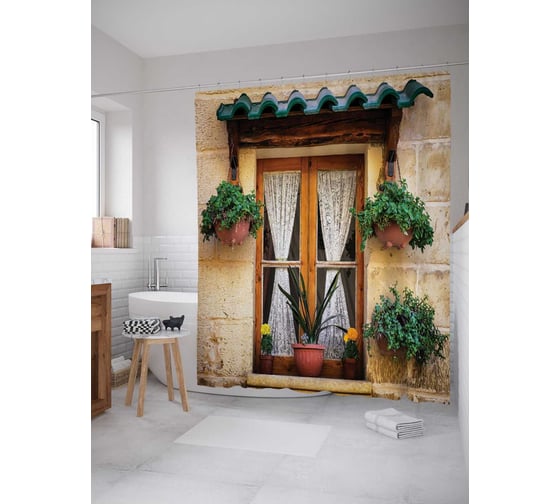 Изображение товара Штора (занавеска) для ванной JoyArty "Окна с вазонами" из сатена, 180х200 см с крючками, sc_16676