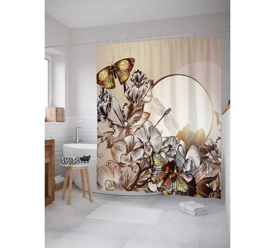 Изображение товара Штора (занавеска) для ванной JoyArty "Цветочное развлечение" из сатена, 180х200 см с крючками, sc_2867
