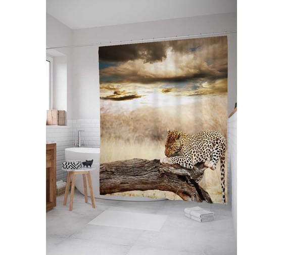 Изображение товара Штора (занавеска) для ванной JoyArty "Спокойствие леопарда" из сатена, 180х200 см с крючками, sc_2533