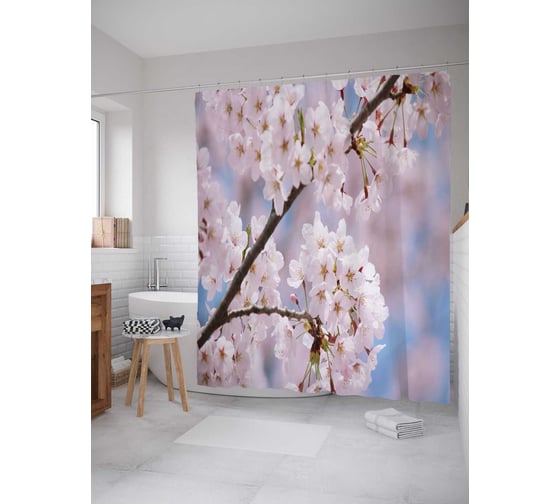 Изображение товара Штора (занавеска) для ванной JoyArty "Цветки яблони" из сатена, 180х200 см с крючками, sc_26798