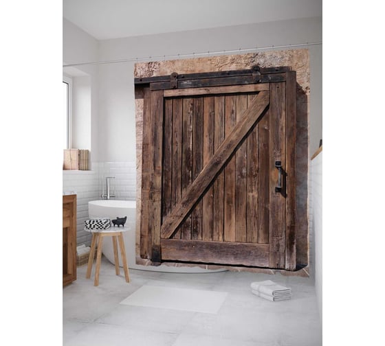 Изображение товара Штора (занавеска) для ванной JoyArty "Деревяная дверь в сарай" из сатена, 180х200 см с крючками, sc_16404
