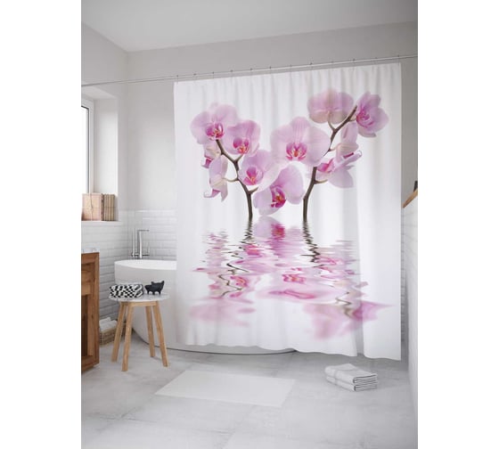 Изображение товара Штора (занавеска) для ванной JoyArty "Плавучие цветы" из сатена, 180х200 см с крючками, sc_17601