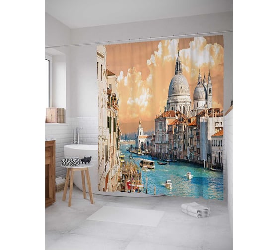 Изображение товара Штора (занавеска) для ванной JoyArty "Водные улицы" из сатена, 180х200 см с крючками, sc_13647