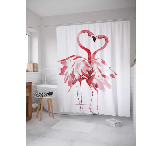 Изображение товара Штора (занавеска) для ванной JoyArty "Влюбленные фламинго" из сатена, 180х200 см с крючками, sc_14676