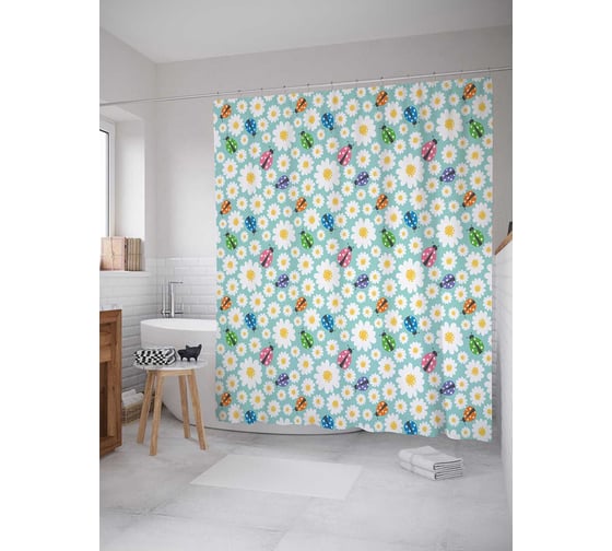 Изображение товара Штора (занавеска) для ванной JoyArty "Узор с божьими коровками и цветами" из сатена, 180х200 см с крючками, sc_16756