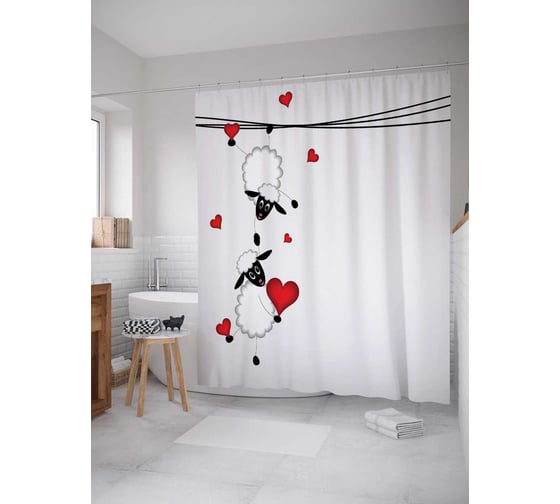Изображение товара Штора (занавеска) для ванной JoyArty "Влюбленные овечки" из сатена, 180х200 см с крючками, sc_14812