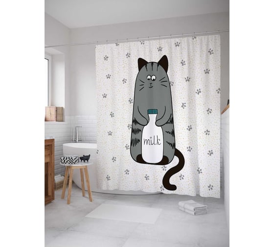Изображение товара Штора (занавеска) для ванной JoyArty "Кот с молоком" из сатена, 180х200 см с крючками, sc_15565
