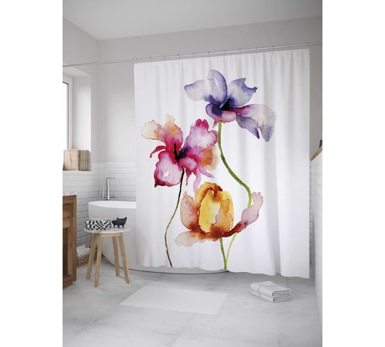 Изображение товара Штора (занавеска) для ванной JoyArty "Акварельные лепестки" из сатена, 180х200 см с крючками, sc_28318