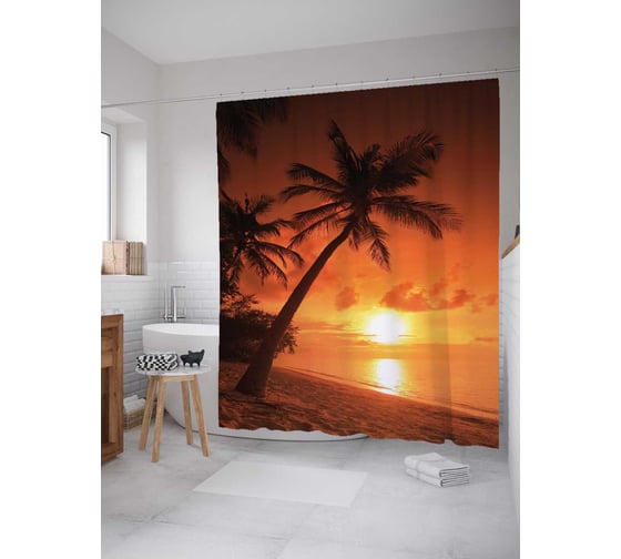Изображение товара Штора (занавеска) для ванной JoyArty "Силуэт пальмы на закате" из сатена, 180х200 см с крючками, sc_29136