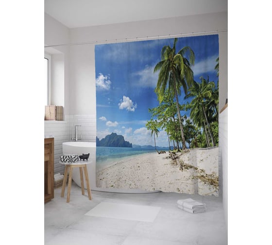 Изображение товара Штора (занавеска) для ванной JoyArty "Пальмы на островах" из сатена, 180х200 см с крючками, sc_28079
