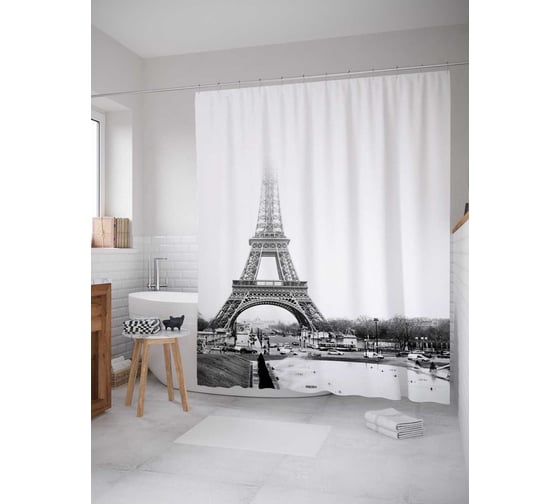 Изображение товара Штора (занавеска) для ванной JoyArty "Эйфелева башня прячется в облаках" из сатена, 180х200 см с крючками, sc_16216