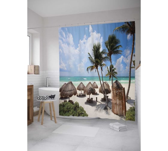 Изображение товара Штора (занавеска) для ванной JoyArty "Тростниковые зонты" из сатена, 180х200 см с крючками, sc_28339