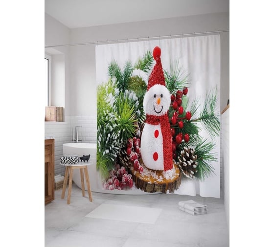 Изображение товара Штора (занавеска) для ванной JoyArty "Лесной снеговик" из сатена, 180х200 см с крючками, sc_21499