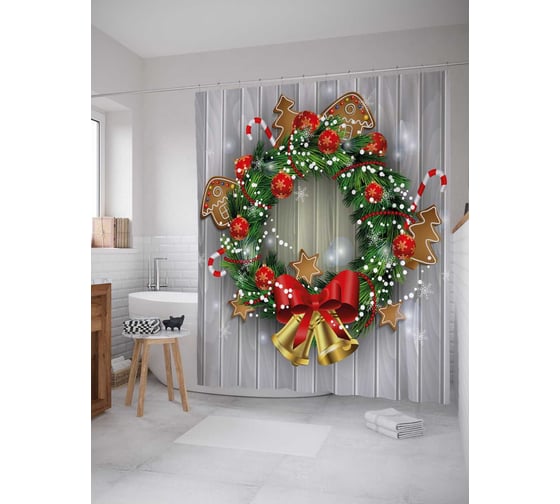 Изображение товара Штора (занавеска) для ванной JoyArty "Новогодние колокольчики" из сатена, 180х200 см с крючками, sc_21509