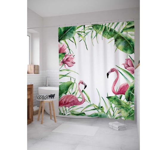 Изображение товара Штора (занавеска) для ванной JoyArty "Фламинго в окружении тропиков" из сатена, 180х200 см с крючками, sc_122815