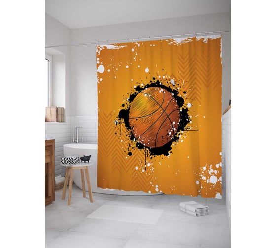 Изображение товара Штора (занавеска) для ванной JoyArty "Пятнистый баскетбольный мяч" из сатена, 180х200 см с крючками, sc_16528