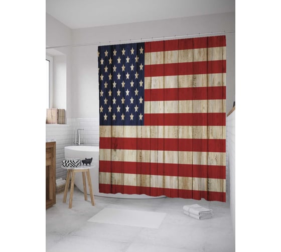 Изображение товара Штора (занавеска) для ванной JoyArty "Флаг США на вагонке" из сатена, 180х200 см с крючками, sc_10165